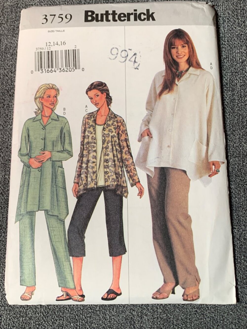 Butterick 3759 Sewing Pattern Shirt Pant Women's Size 12 14 16 Uncut 2000s